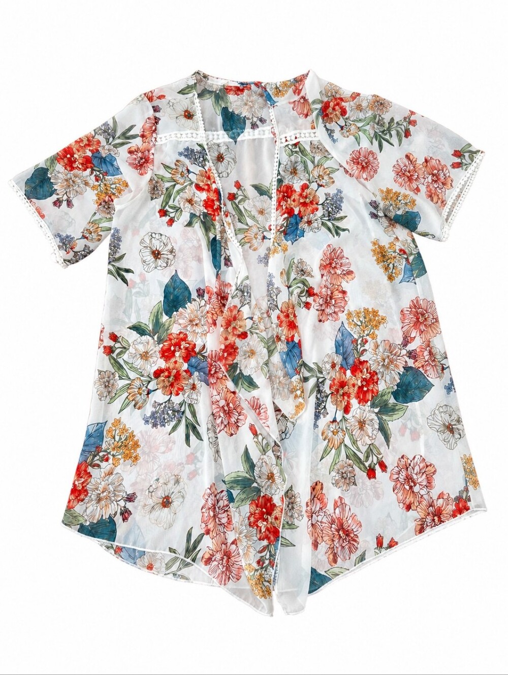 Emory Park  Kimono Open Front Boho Floral Cottage Core Cover Embroidered Trim OS